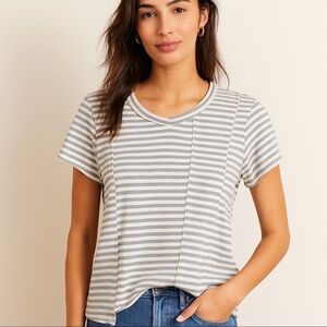WILT Women S Tee Short Sleeve Gray White Stripe Asymmetrical Fractured Top Shirt
